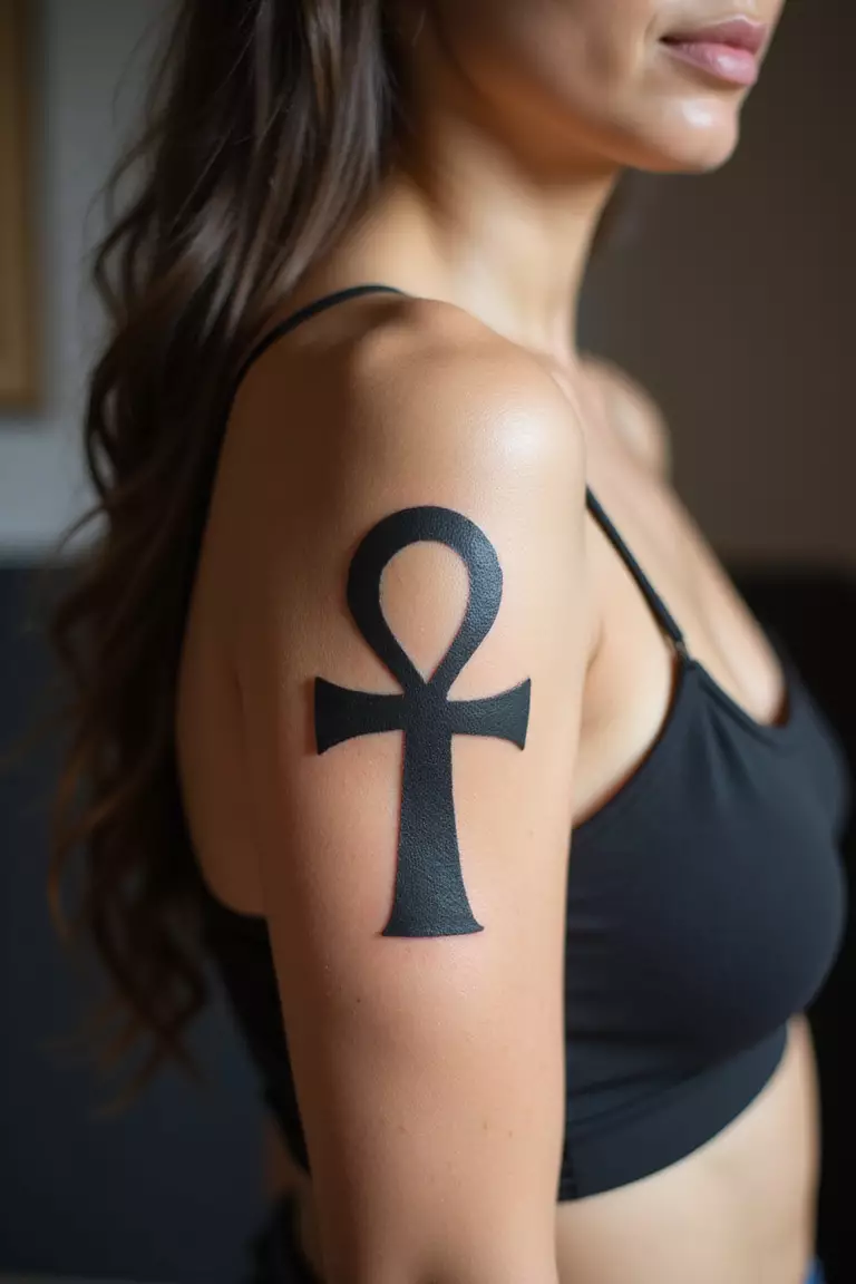 Egyptian Hieroglyphs A close-up shot of a woman showing her black ink Egyptian Hieroglyphs Ankh tattoo design on her arm