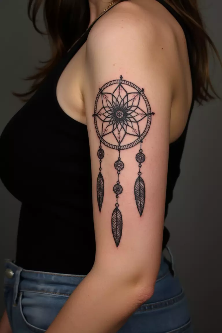 A close up shot of woman's arm with a black ink geometric dreamcatcher tattoo.  