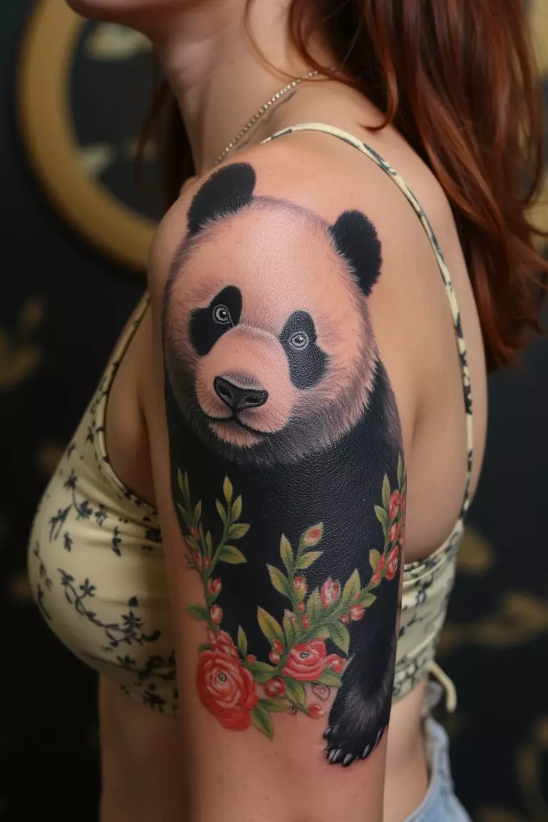 A close up shot of woman's arm with an amazing painting-like panda tattoo.