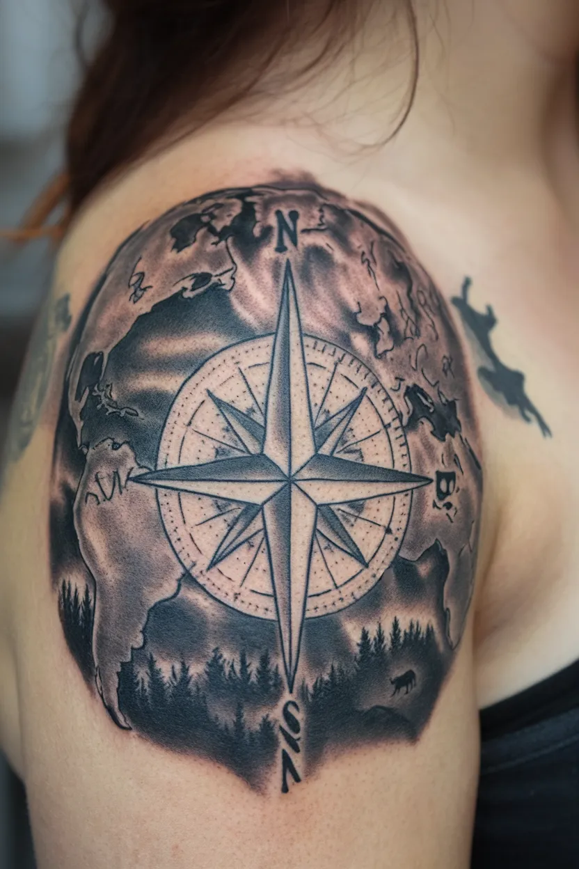 Shaded Compass Map Tattoo
