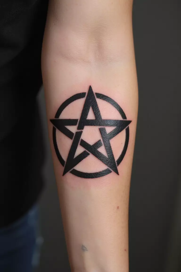 A close-up shot of a woman's arm with a black ink tattoo of a pentagram.