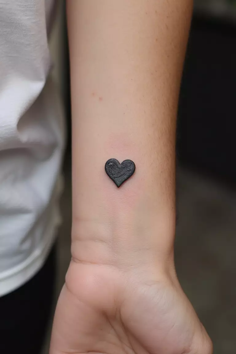 A close-up shot of a woman's arm with a black ink tattoo of a small Milagro charm shaped like a heart.