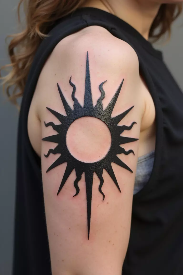 A close-up shot of a woman showing her black ink bold tribal sun with sharp, pointed rays tattoo design on her arm