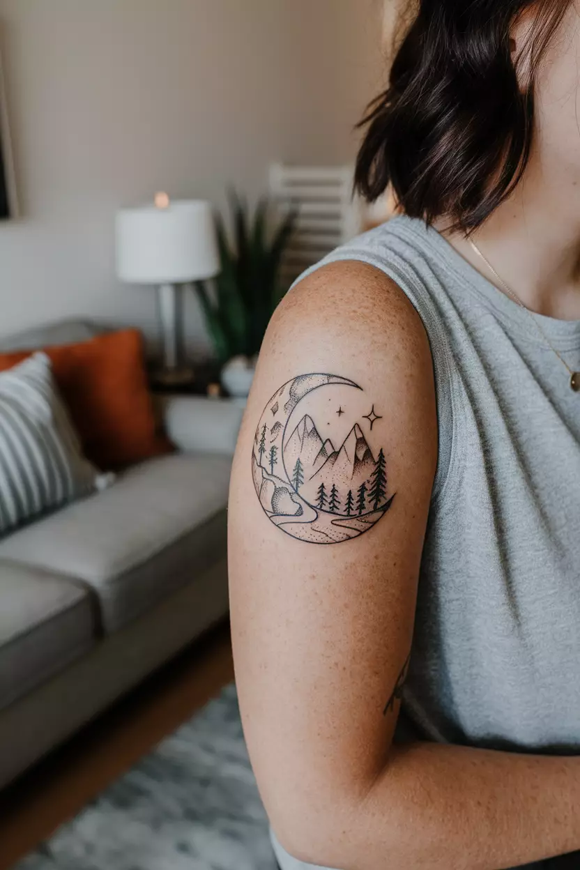 A close-up photo of a woman showing her bicep with a tattoo of a crescent moon containing a scenic mountain landscape within its curve, tattoo design, living room background