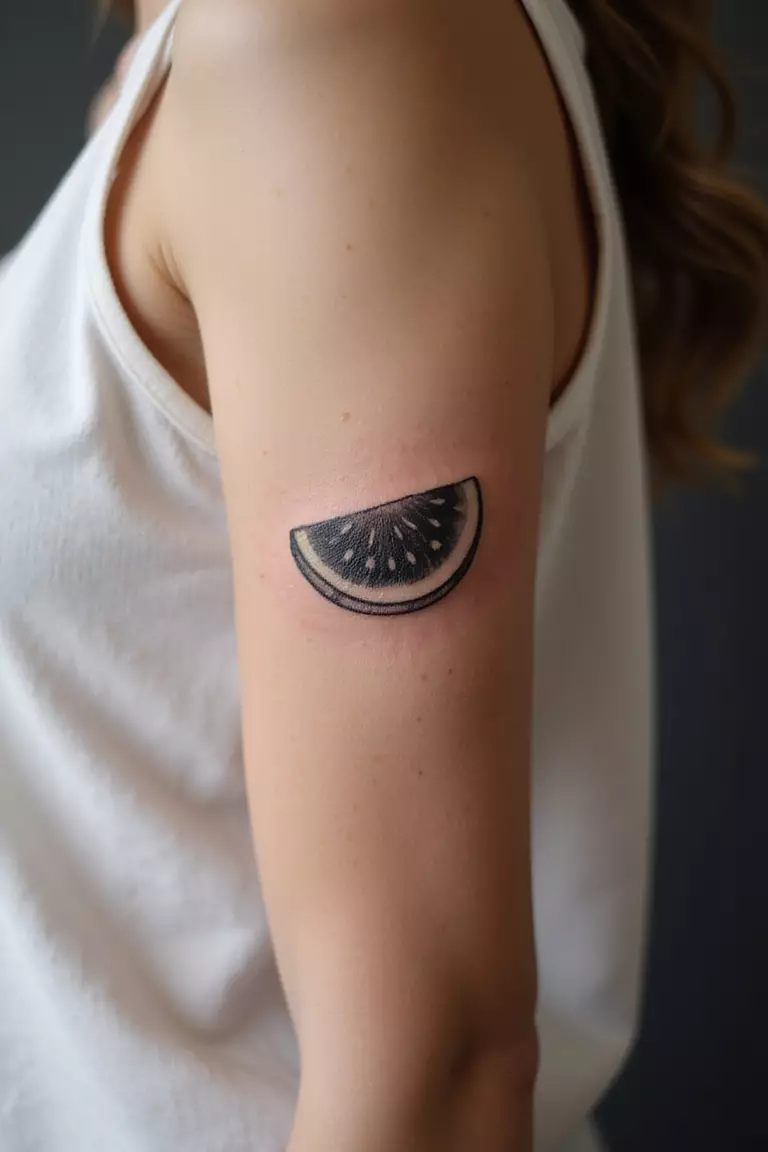 A close-up shot of a woman showing her black ink small watermelon tattoo on her arm