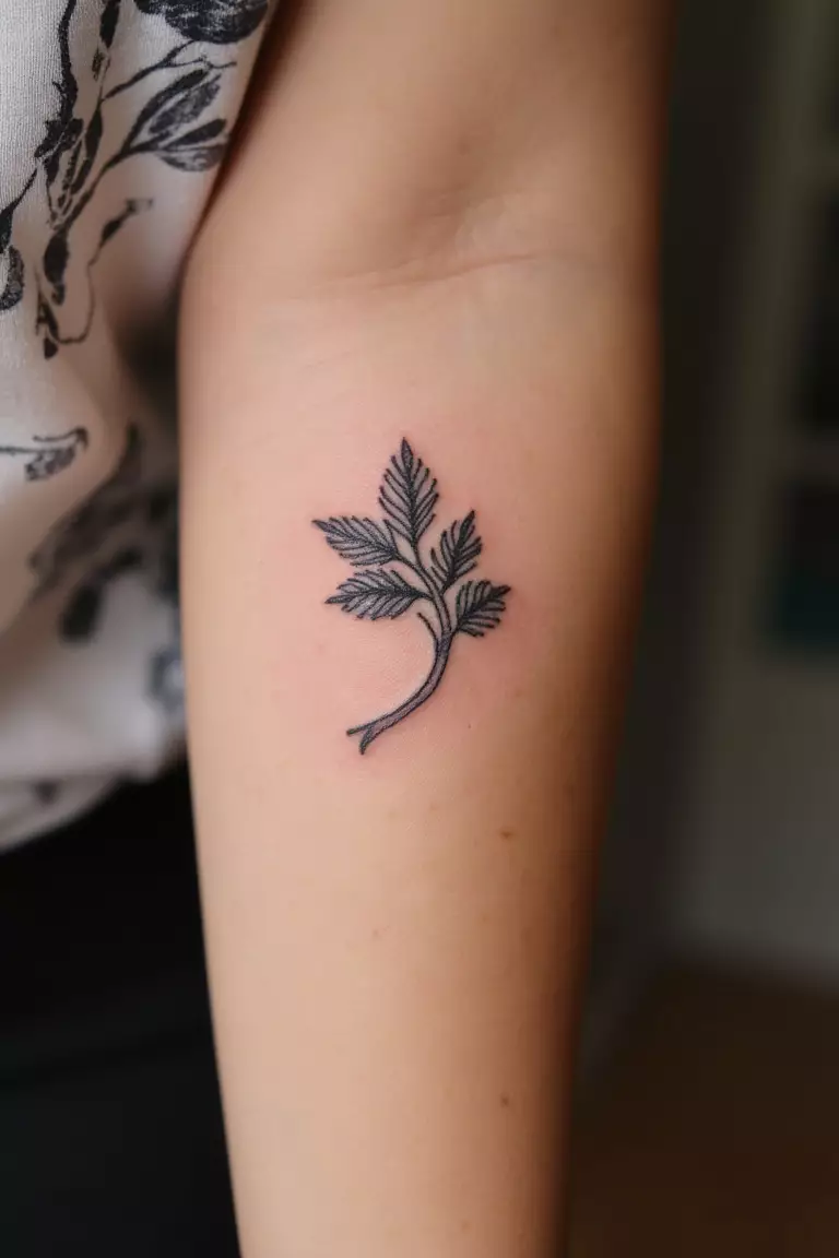 A close up shot of woman's arm with a black ink tattoo showing a small vine symbolizing Dionysus, the god of wine and festivity.