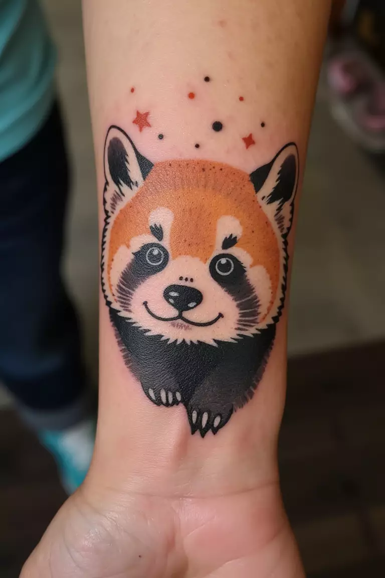 A close up shot of woman with a charming dotwork panda cub tattoo on her forearm.  