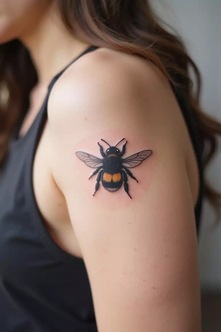 Bee A close-up shot of a woman's arm with a black ink tattoo of a small, detailed bumblebee in mid-flight.