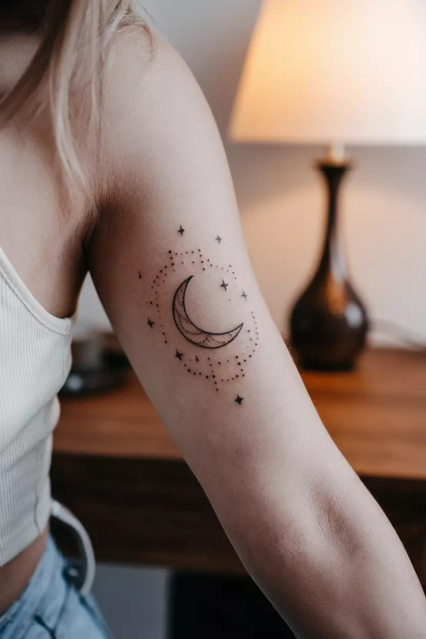 A close-up photo of a woman showing her delicate crescent moon tattoo with tiny stars scattered around it, tattoo design, living room background