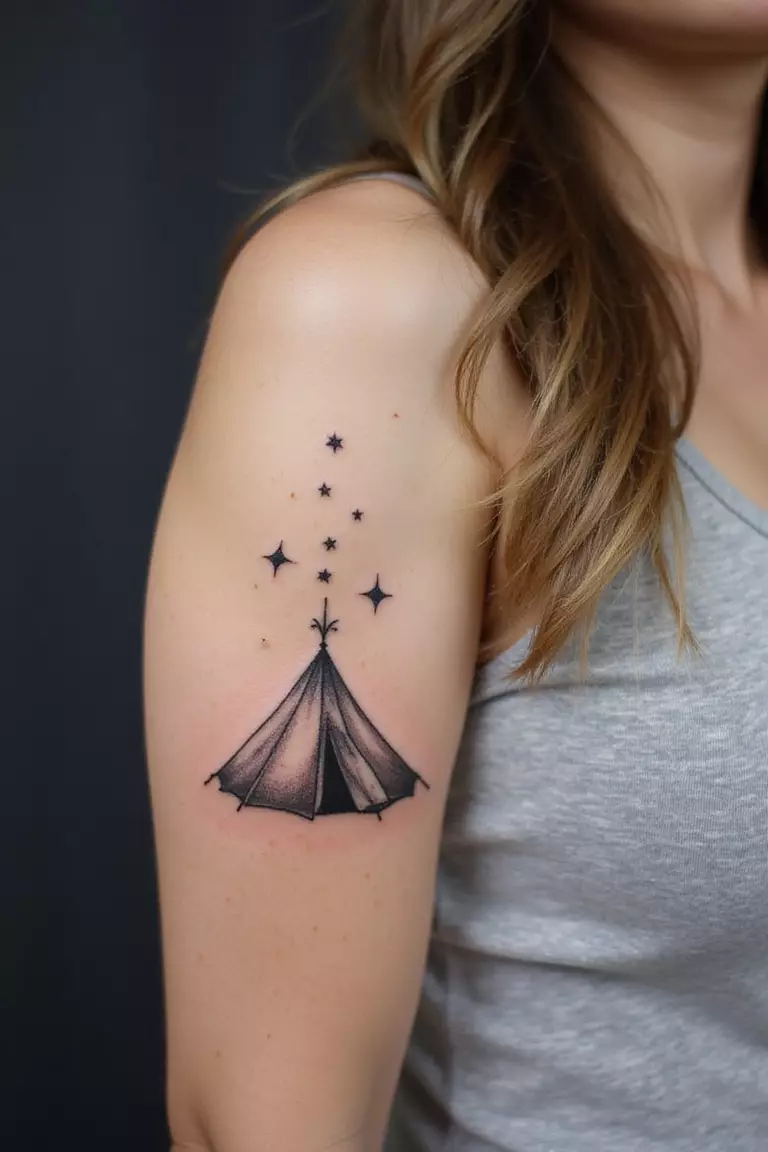 Tent Under Stars A close-up shot of a woman showing her black ink tent under stars tattoo on her arm.