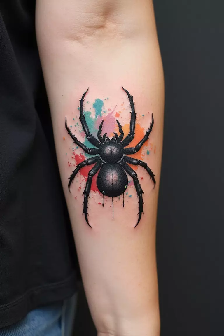 A close-up shot of a woman showing her black ink watercolor style tarantula tattoo design with color splashes on her arm