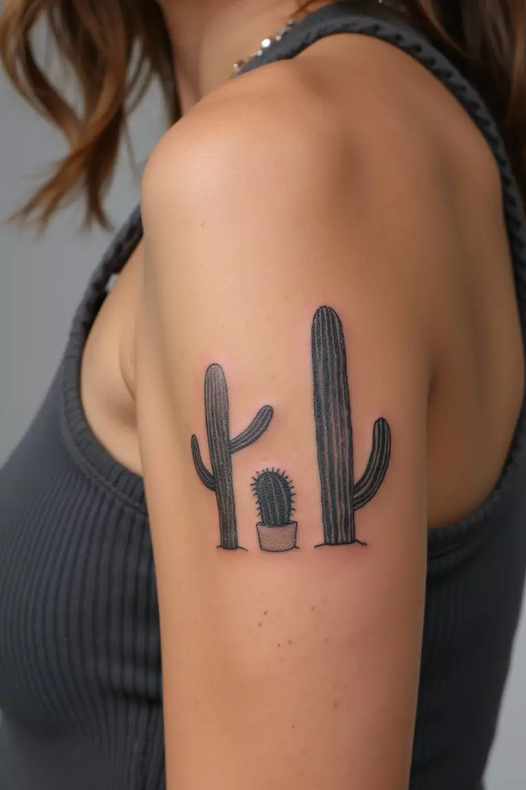 A close up shot of a woman showing her black ink trio of cacti tattoo in different shapes and sizes on her arm  