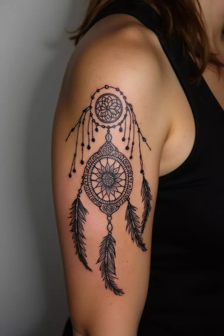 A close up shot of woman's arm with a black ink traditional dreamcatcher tattoo.  