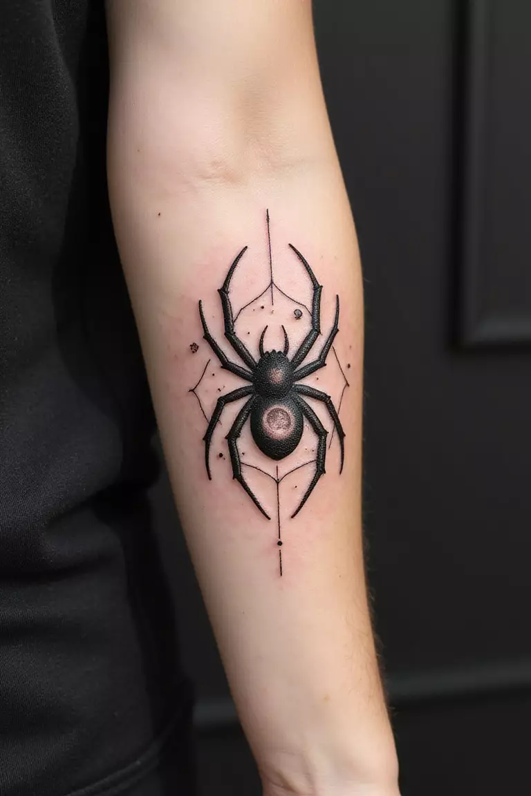 A close-up shot of a woman's arm with a black ink tattoo of a spider with a crescent moon design incorporated into its body or web.