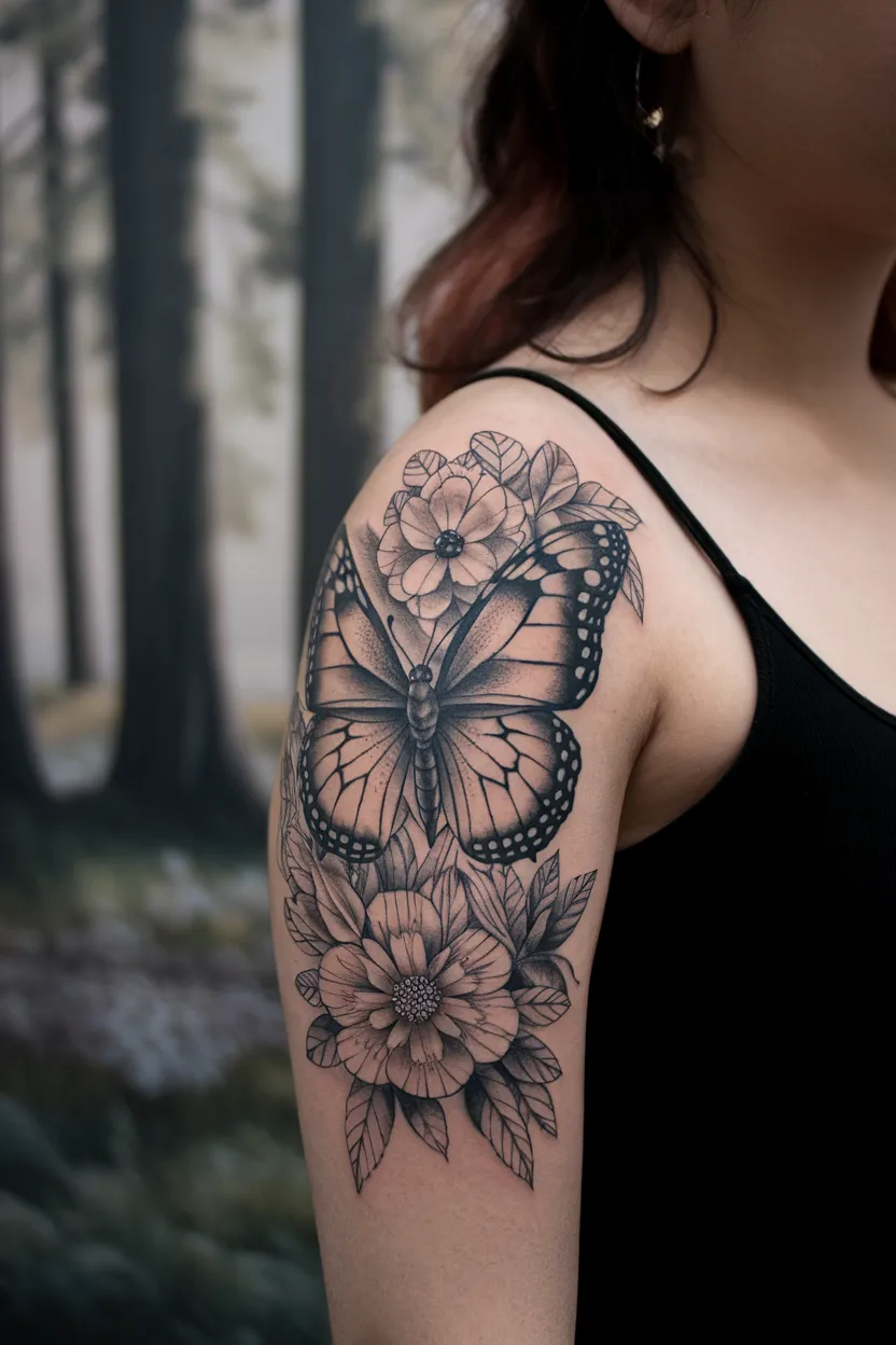 Vintage Style Butterfly With Flowers