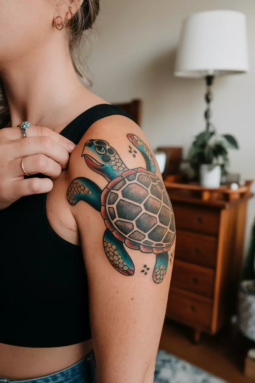 A close-up photo of a woman showing her vintage-style turtle tattoo on her upper arm, incorporating retro colors and designs reminiscent of classic tattoos, bedroom background.