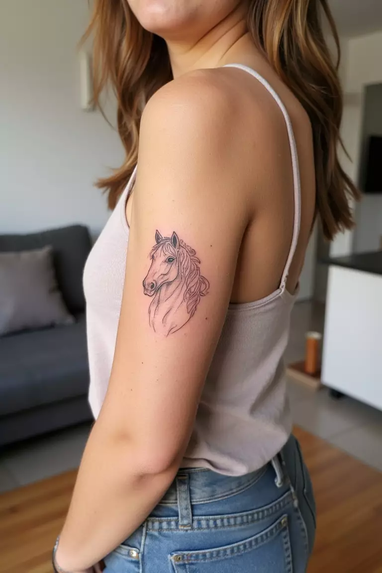 A photo of a woman with a soft feminine sketch horse tattoo on her arm, living room background.