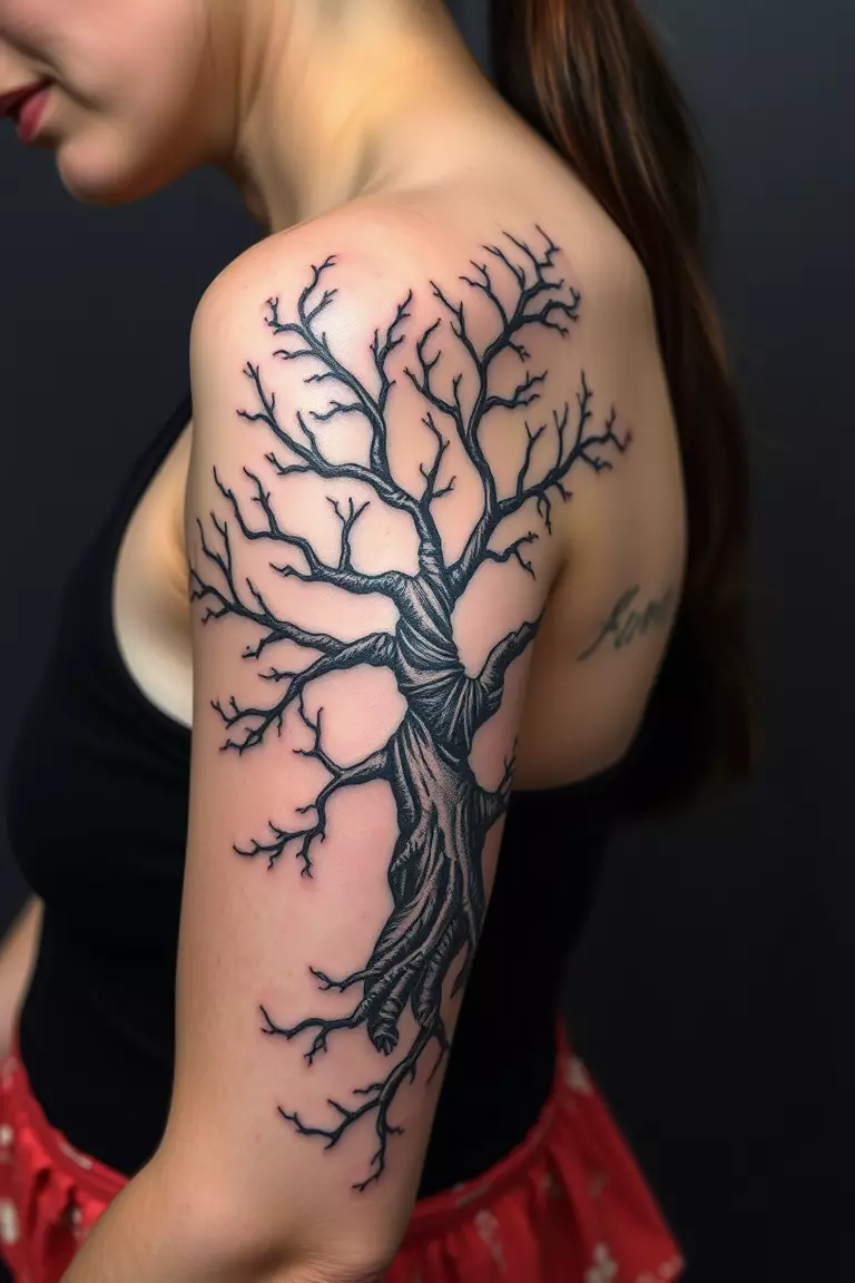 A photo of a woman with a black and grey poison tree tattoo wrapped around her upper arm, featuring intricate details and shading.  