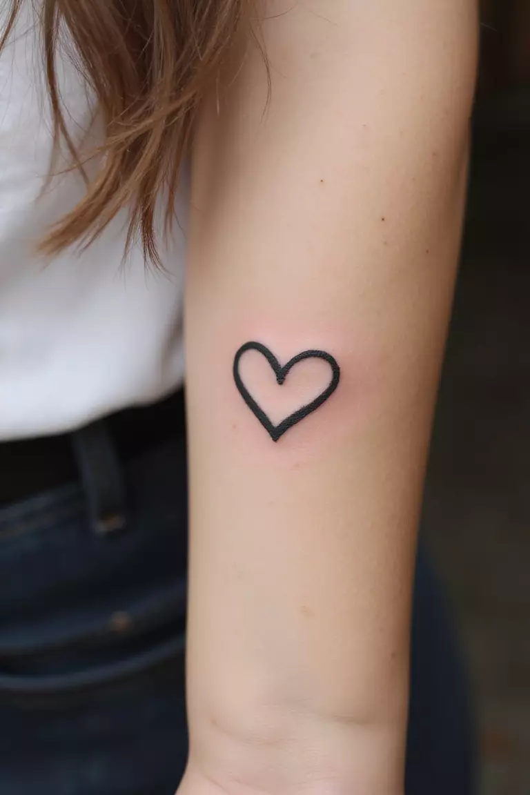 A close up shot of woman's arm with a black ink tattoo of a tiny solid heart outline.