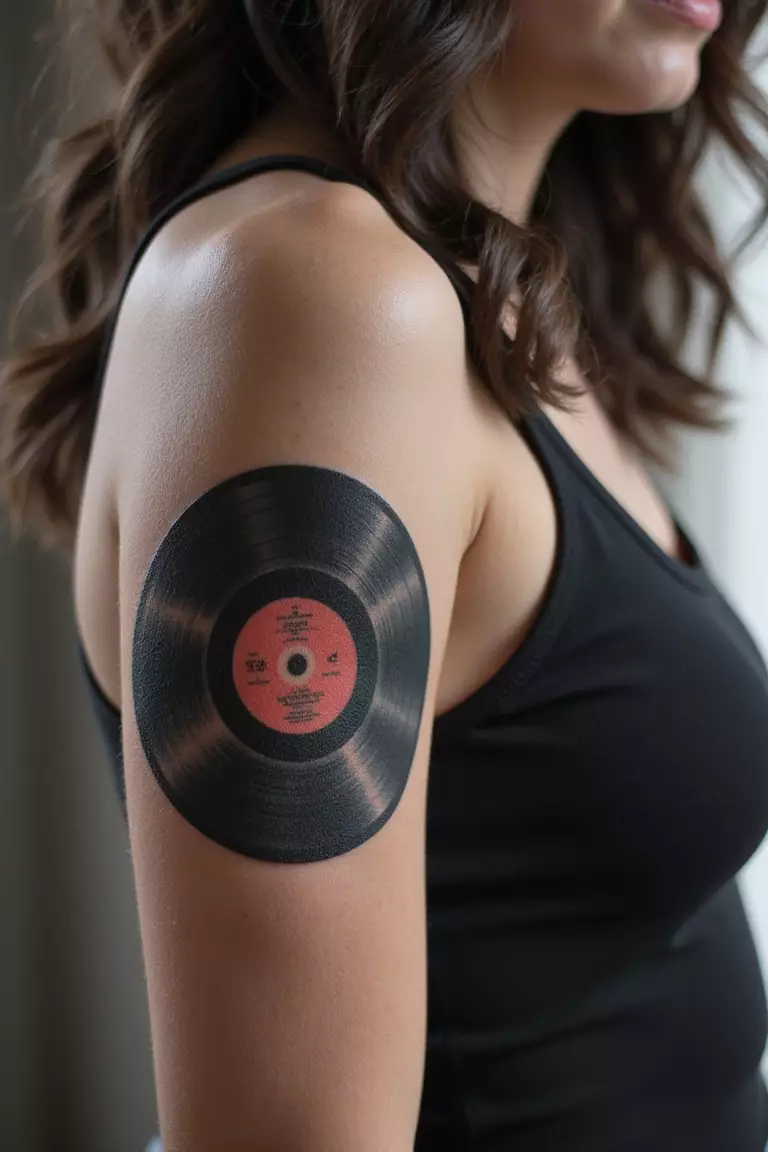 A close-up shot of a woman showing her black ink detailed vinyl record tattoo on her arm.