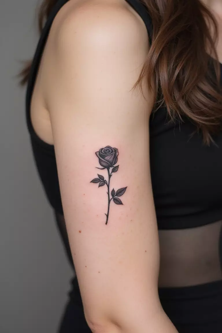 A close-up shot of a woman showing her black ink small closed rose bud tattoo on her arm.