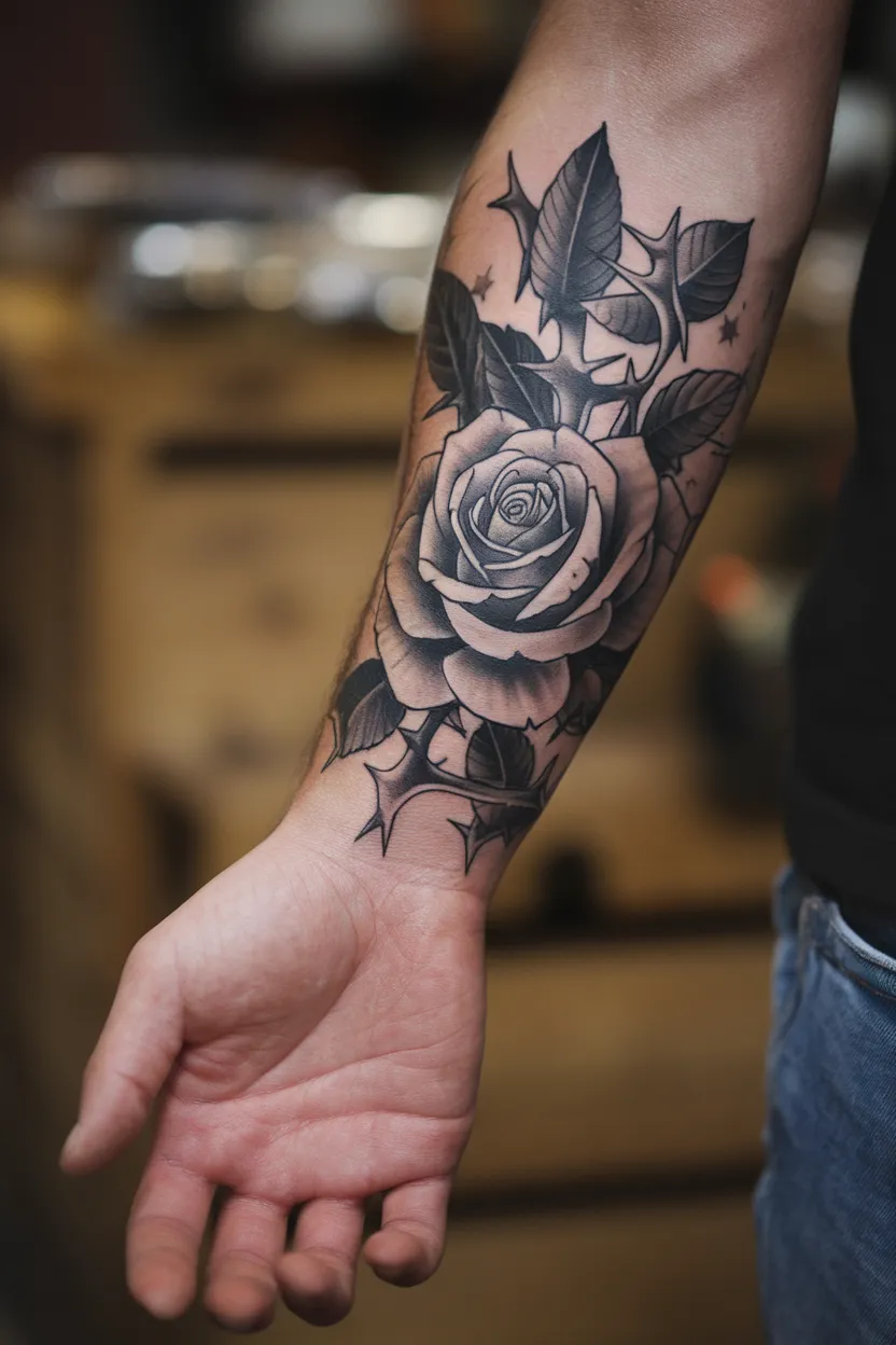 Black and Gray Rose Hand Tattoo