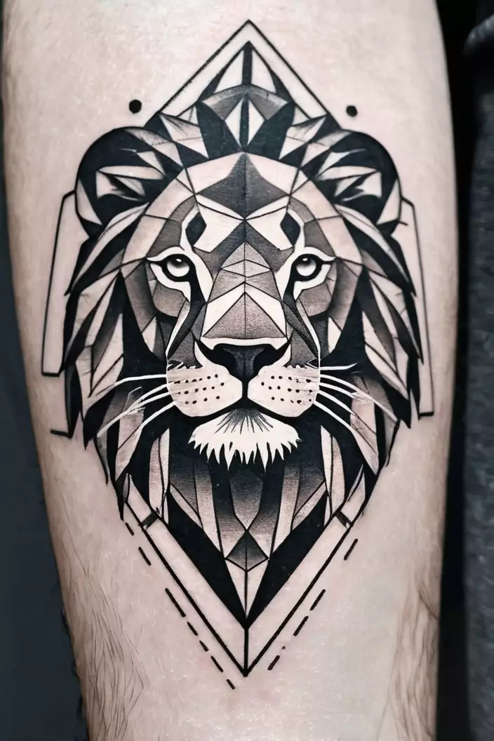 A close-up photo of a man showing his simple geometric lion tattoo, illustrating a minimalist lion head using basic geometric shapes and lines.  