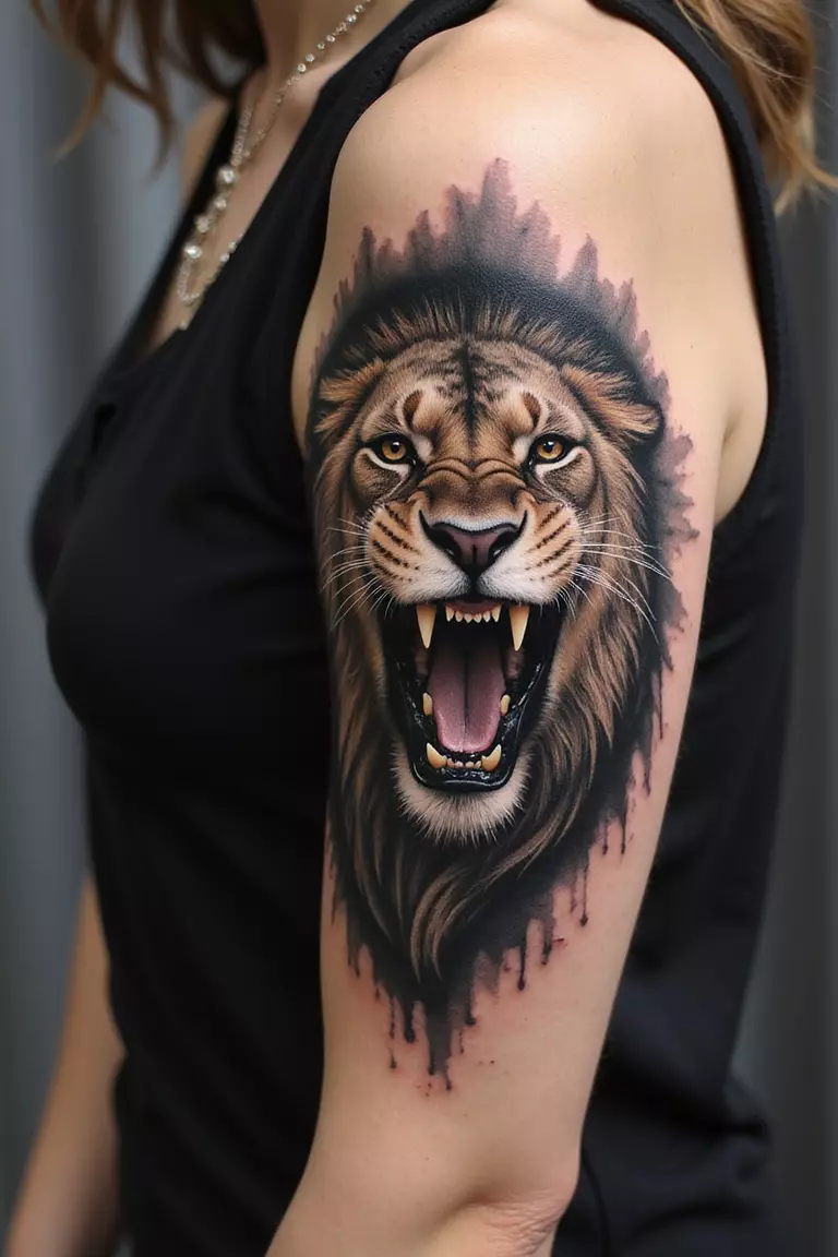 A close-up shot of a woman's arm with a black ink tattoo of a fierce lioness, mouth open in a powerful roar, detailed fur.