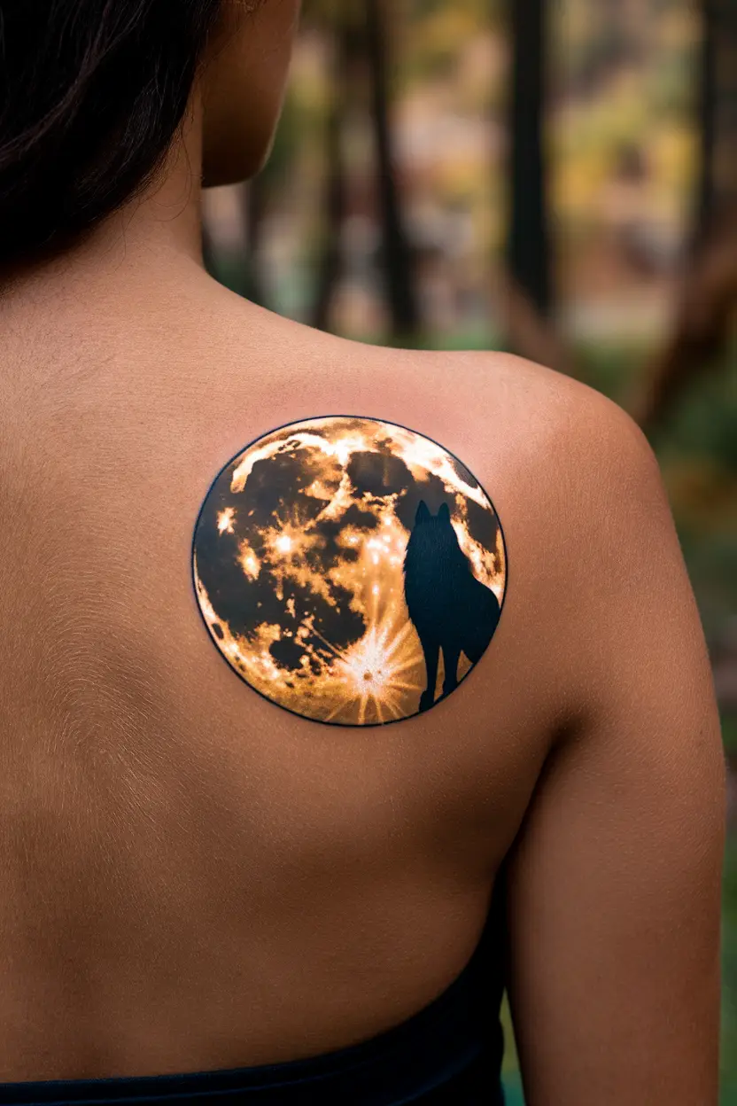 Golden Moon and Wolf Tattoo