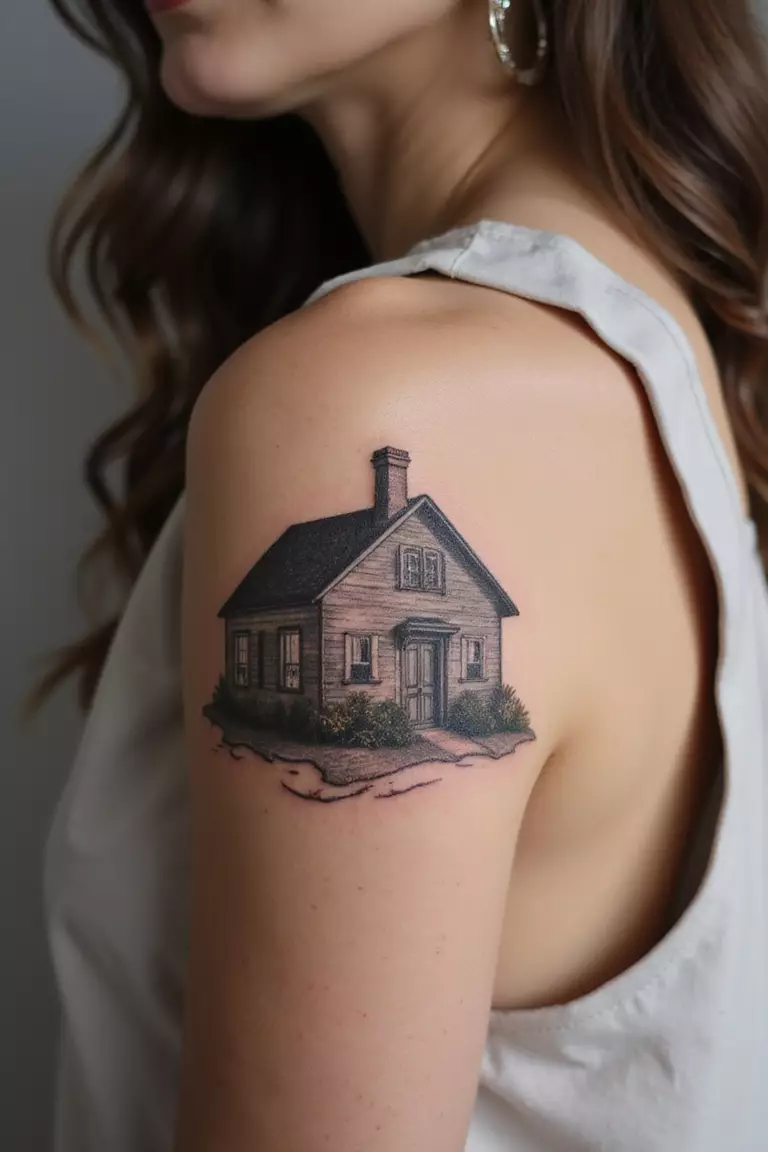 A close-up shot of a woman showing her black ink abstract geometric house tattoo on her arm.