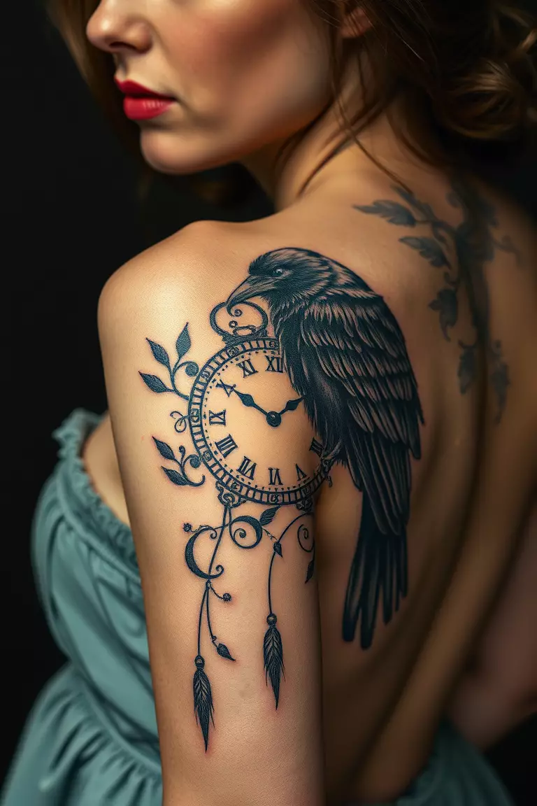 A photo of a woman with a vintage style crow surrounded by a clock tattoo on her side, merging time and nature in intricate design.  