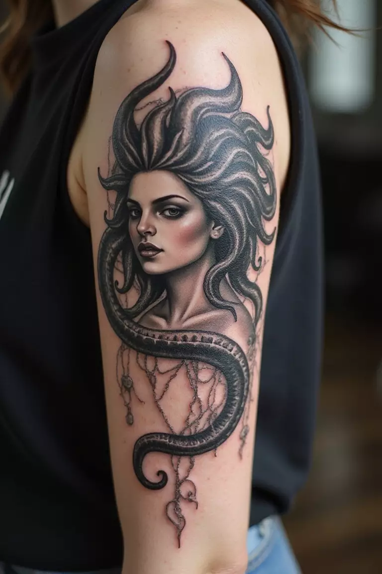 Greek Mythology Figures Or Symbols A close-up shot of a woman showing her black ink Greek Mythology Medusa tattoo design on her arm