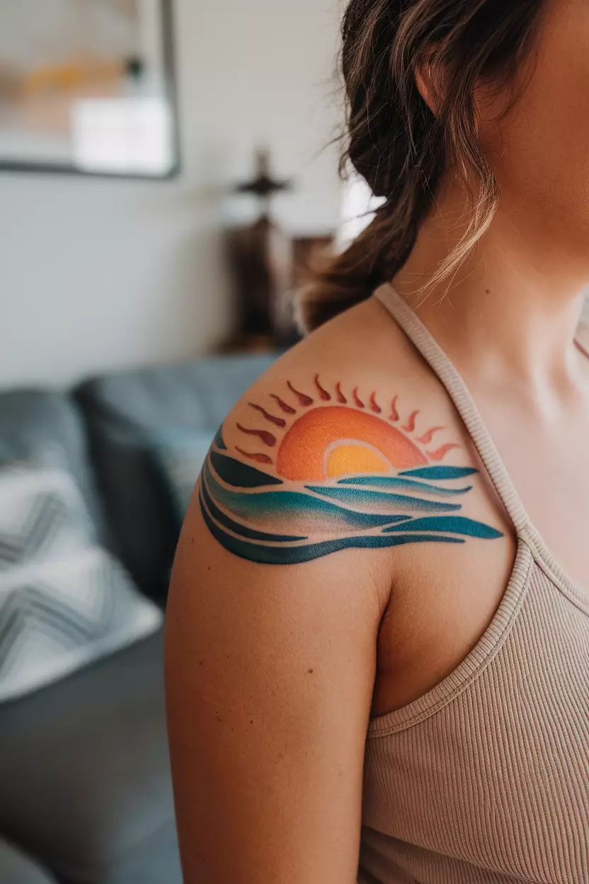 A close-up photo of a woman showing her sunset over ocean waves tattoo with warm colors blending beautifully to represent serenity and peace at sea, tattoo design, living room background