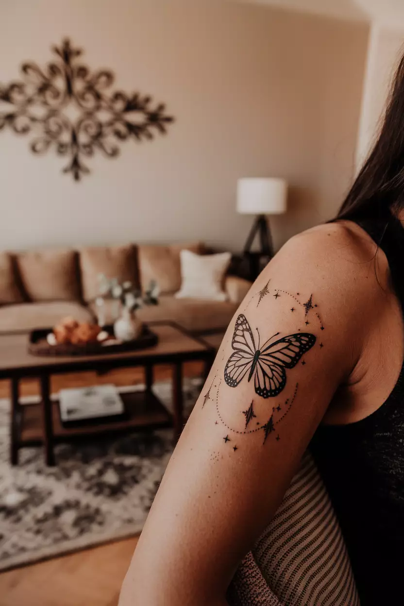A close-up photo of a woman showing her black butterfly tattoo surrounded by tiny stars, symbolizing dreams and aspirations, tattoo design, living room background
