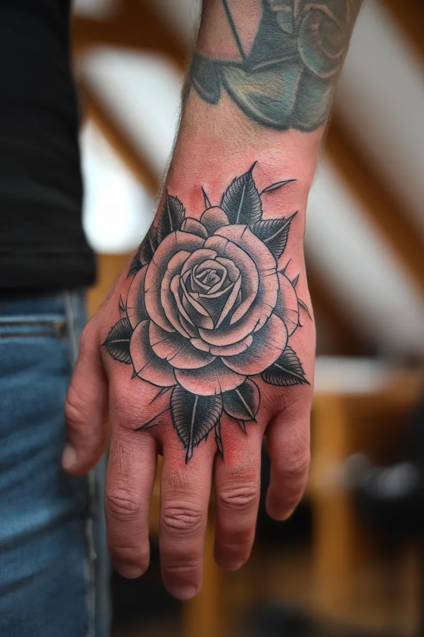 Blackwork Rose Hand Tattoo