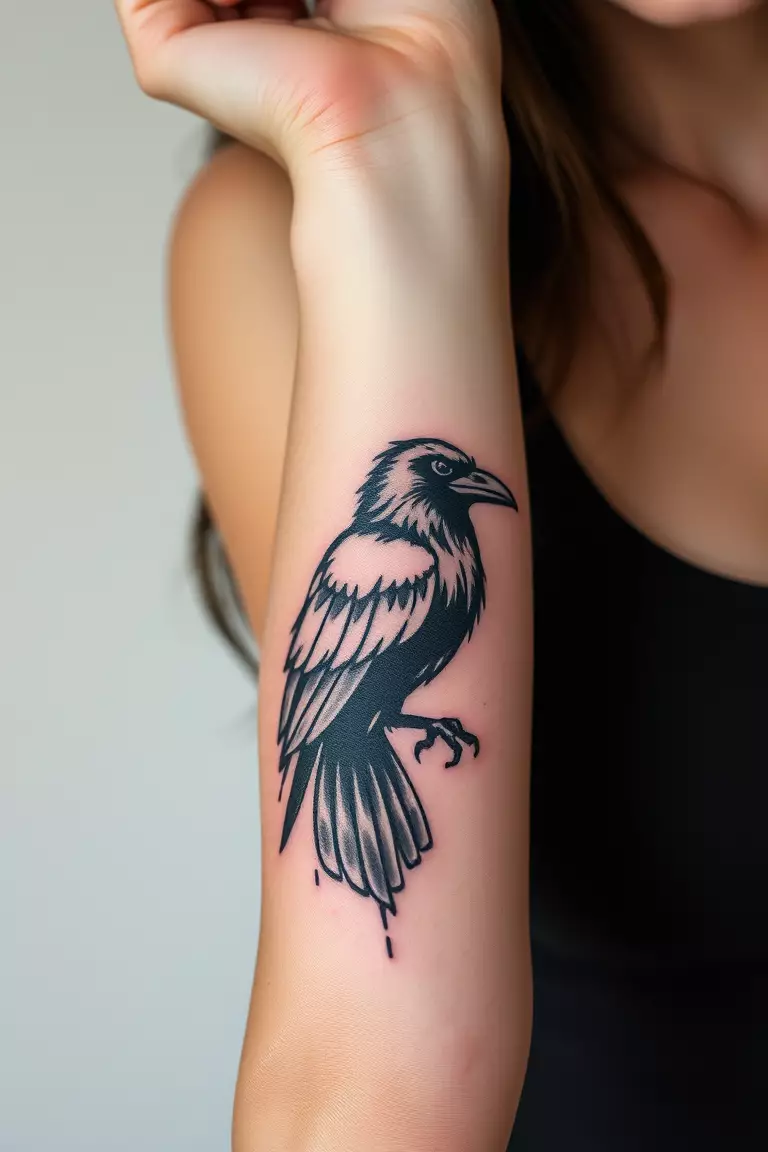A photo of a woman with a grunge style crow tattoo on her forearm, featuring distressed edges and dark ink tones.  