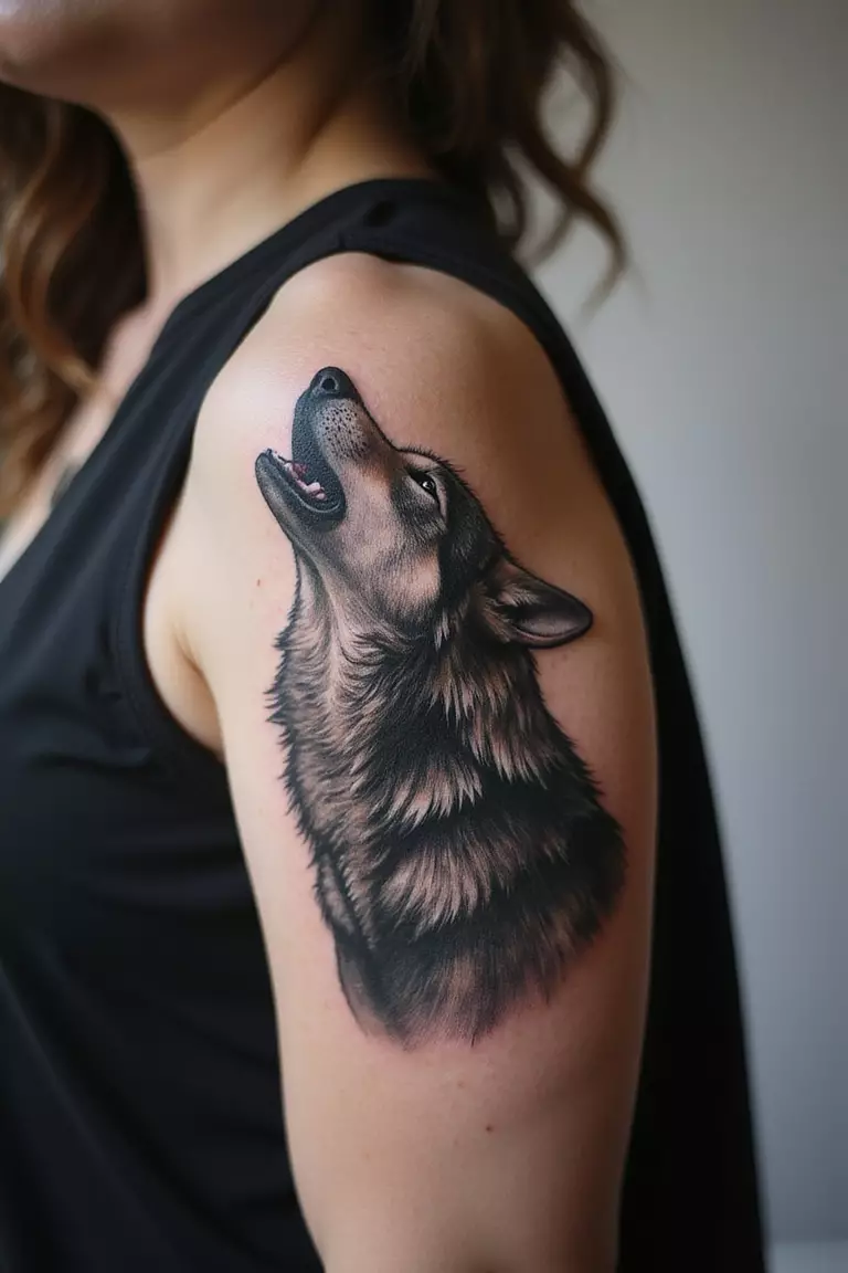 Lone Wolf Howling A close-up shot of a woman showing her black ink lone wolf howling tattoo on her arm.
