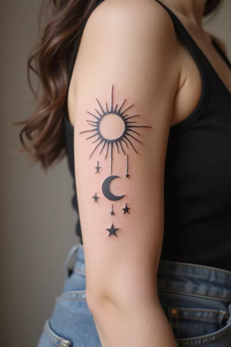 A close-up shot of a woman showing her black ink minimalist sun, crescent moon, and stars tattoo design on her arm