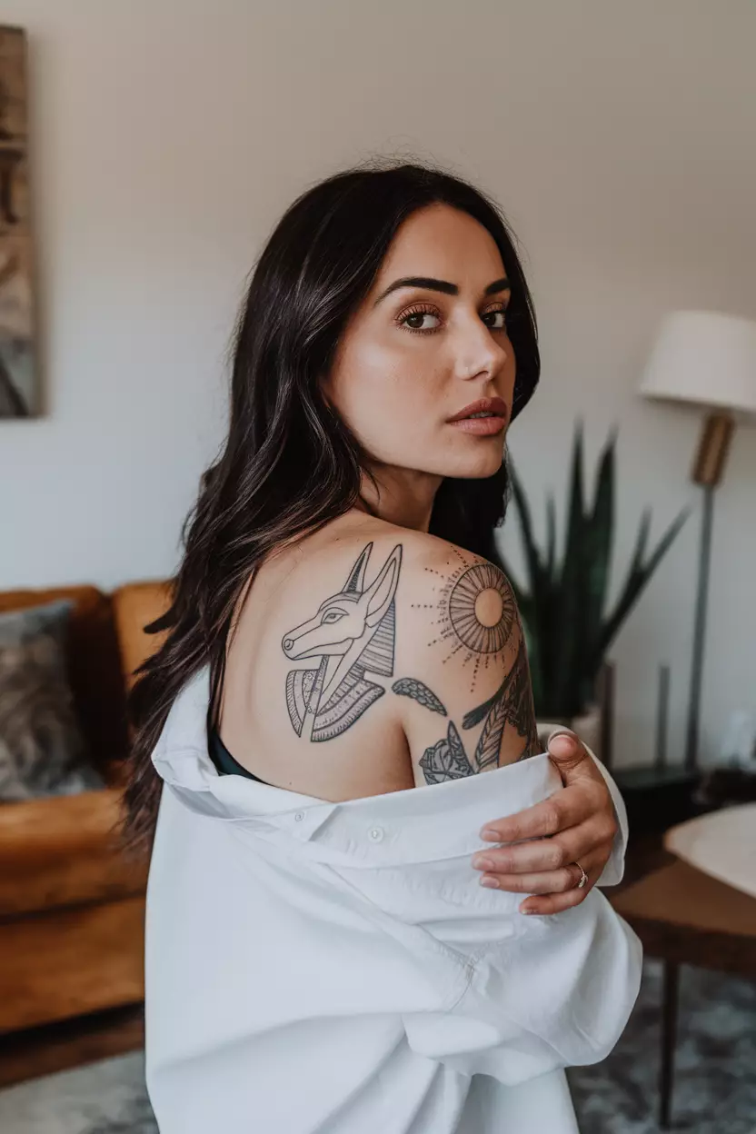 Linework Anubis Tattoo A photo of a woman with a linework Anubis tattoo, living room background