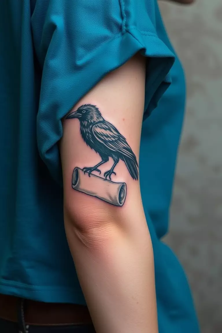 A photo of a woman showcasing a crow holding a scroll tattoo on her forearm, symbolizing knowledge and storytelling.  