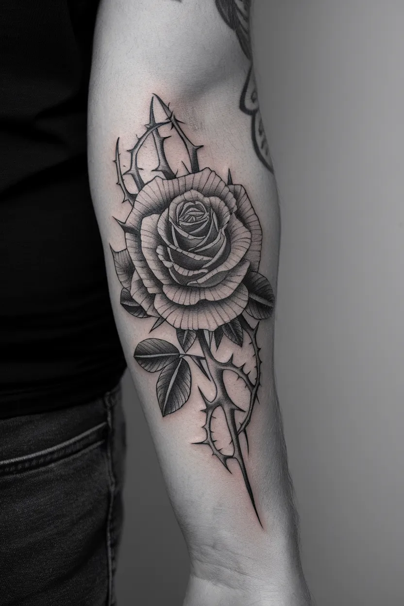 Blackwork Tattoo of Black Rose on Forearm