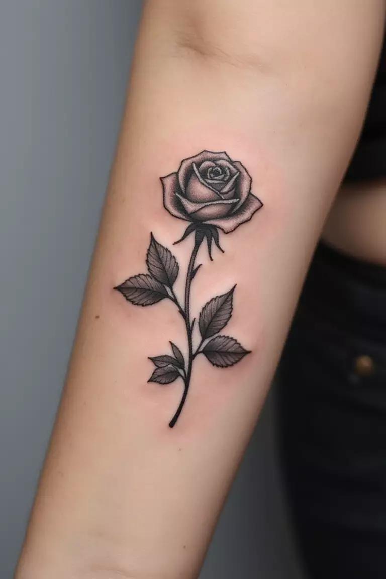 Rose A close-up shot of a woman's arm with a black ink tattoo of a single, elegant rose with stem and leaves.