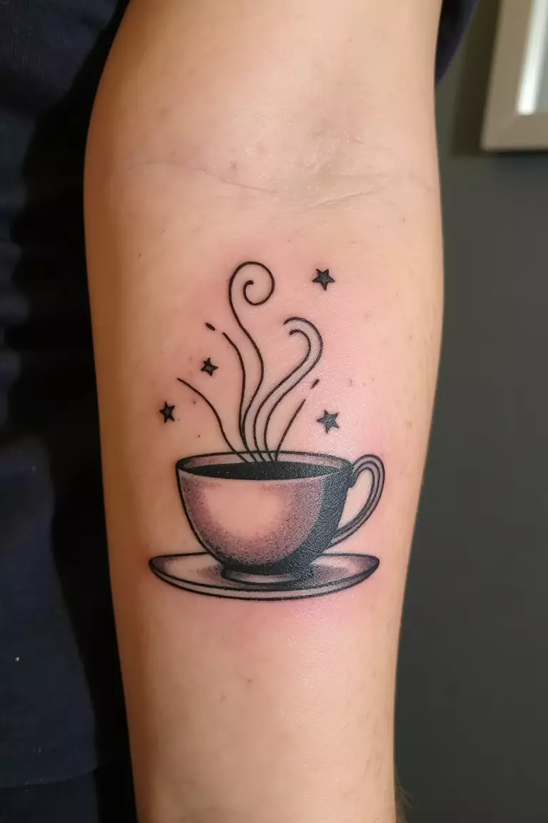 A close up shot of woman's arm with a black ink tattoo of a teacup with swirling steam and stars.