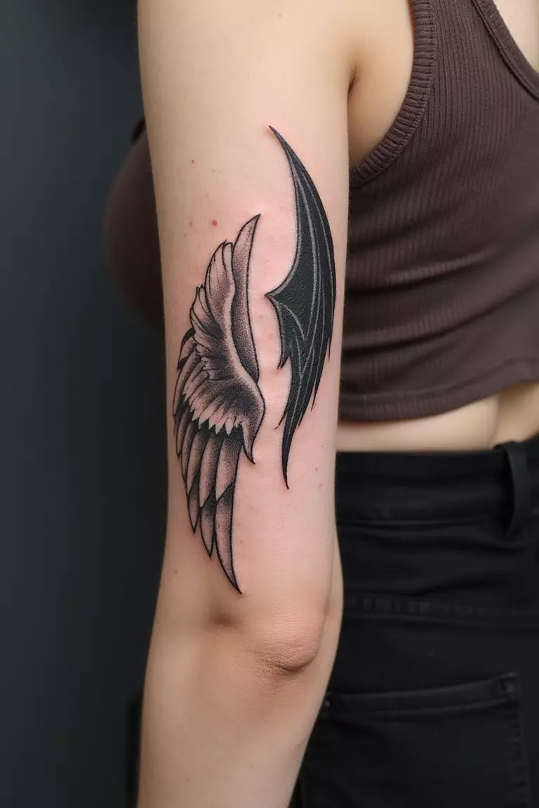 Demon and Angel Wings A close-up shot of a woman's arm with a black ink tattoo of one angel wing and one demon wing.