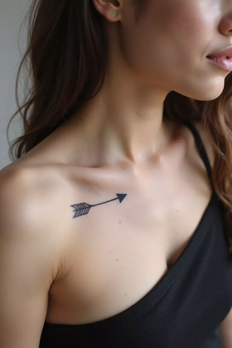 A close-up shot of a woman showing her black ink arrow design tattoo, a single black arrow pointing forward, on her arm