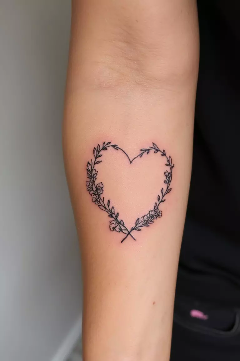 A close up shot of woman's arm with a black ink floral wreath heart tattoo, heart encircled by tiny flowers