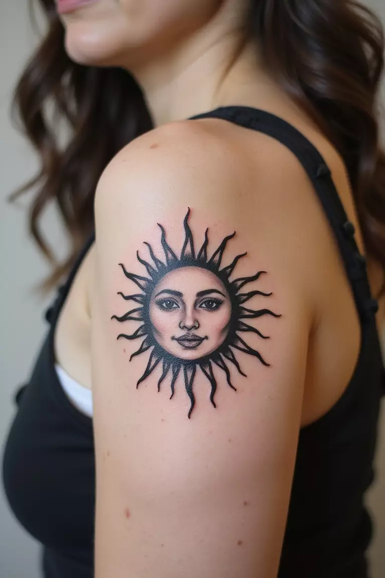 A close-up shot of a woman showing her black ink classic sun with a simple, smiling human face in the center tattoo design on her arm