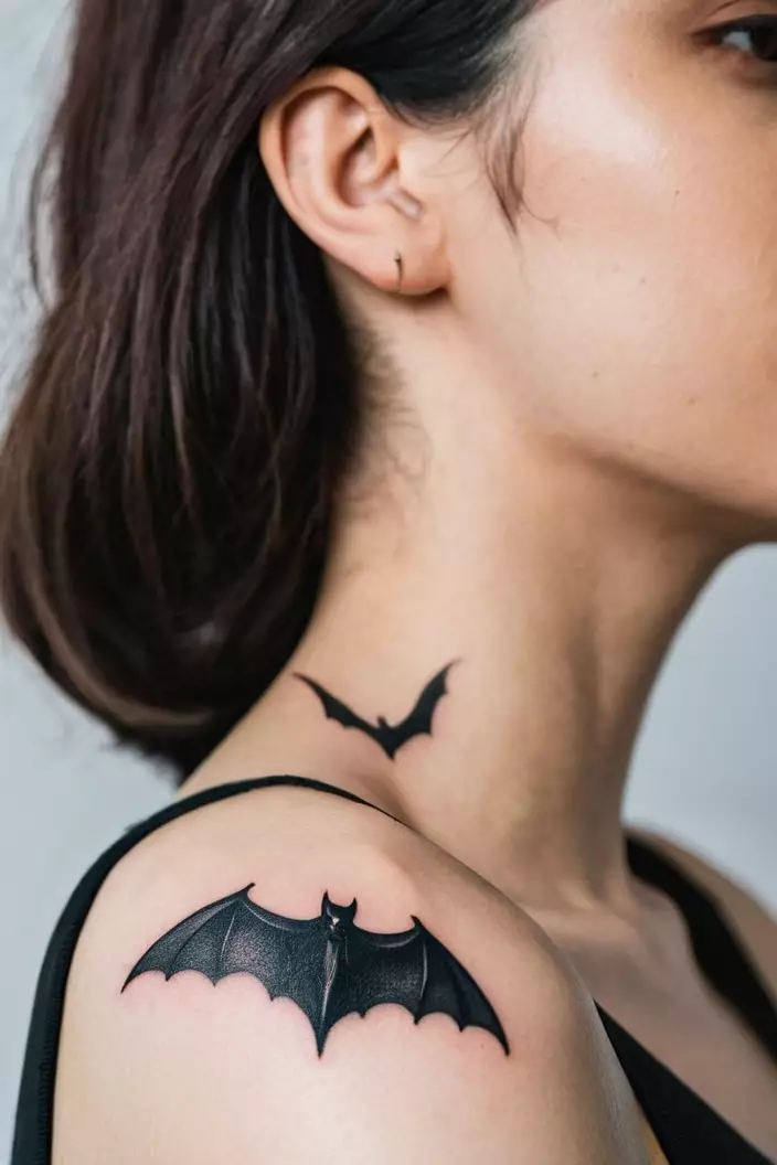 A close-up photo of a woman showing her minimal bat tattoo, designed simply and elegantly on her shoulder.  
