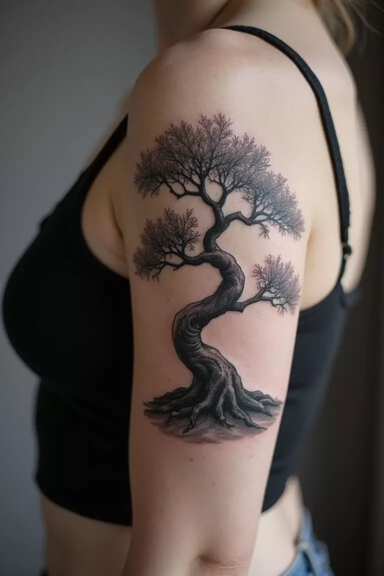 A close-up shot of a woman showing her black ink realistic black and grey shaded bonsai tree tattoo design on her arm