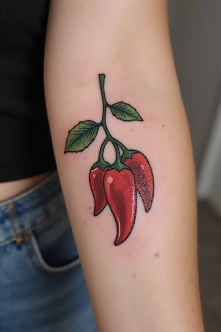 A close-up shot of a woman's arm with a black ink tattoo of a small bunch of Chili Peppers hanging from a stem.